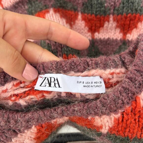 Zara Puff Shoulder Mohair Sweater Small Purple Patterned Holiday Pullover - Picture 4 of 10